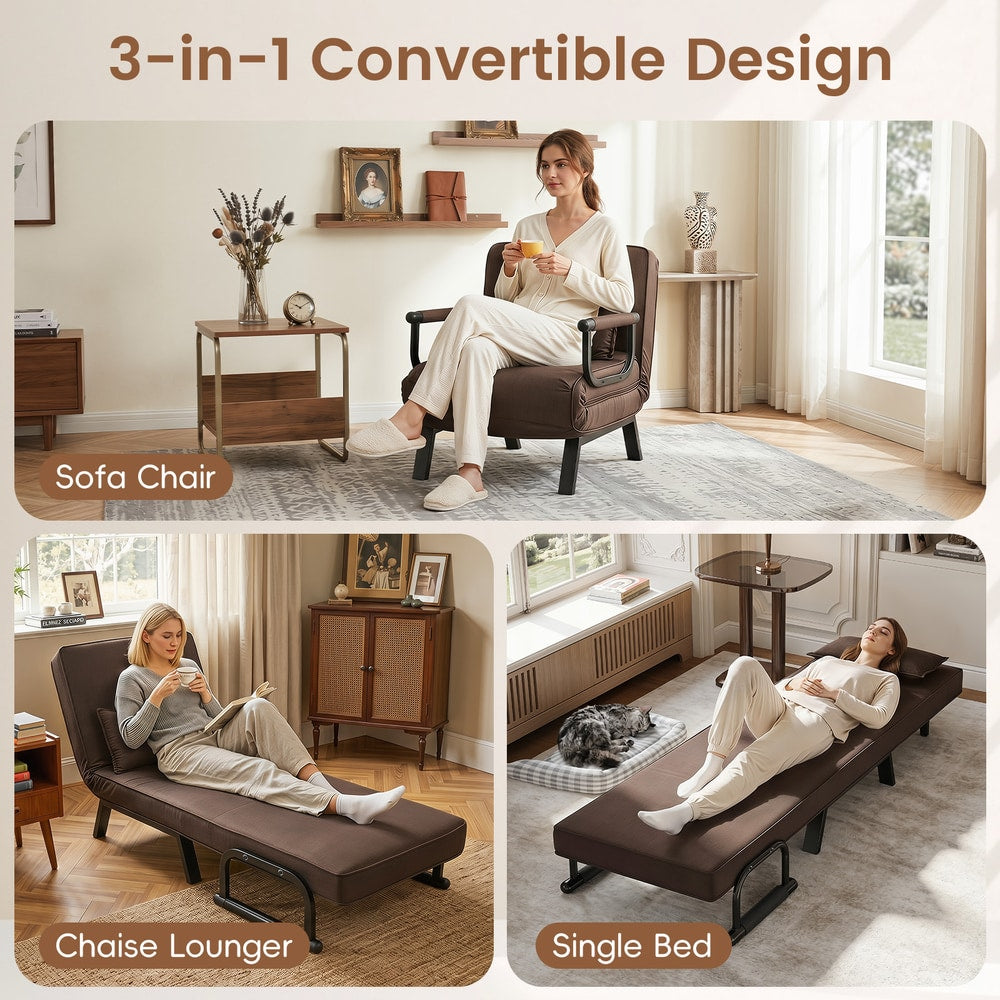 Collage showing the brown sofa bed as a chair, chaise, and bed