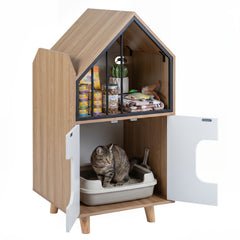 3-in-1 Hidden Cat House Cabinet with Shelf Metal Fence and 2 Door for Indoor Kittens-Natural