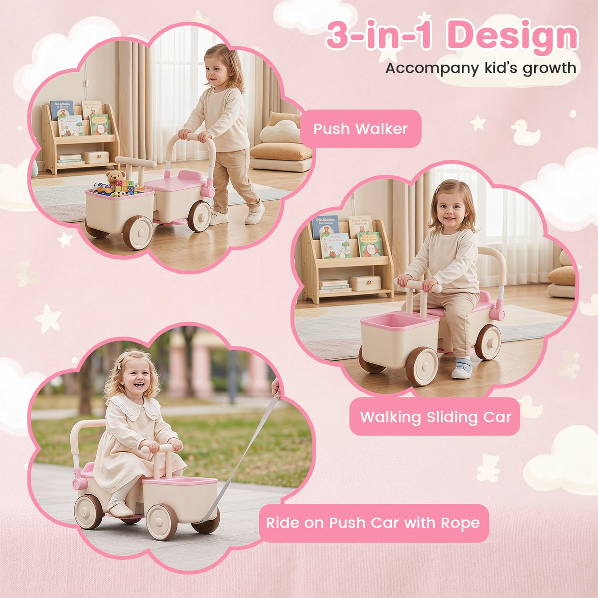 3-in-1 Kids Ride On Push Car with Foldable Push Handle and Storage Basket-Pink