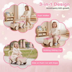 3-in-1 Kids Ride On Push Car with Foldable Push Handle and Storage Basket-Pink