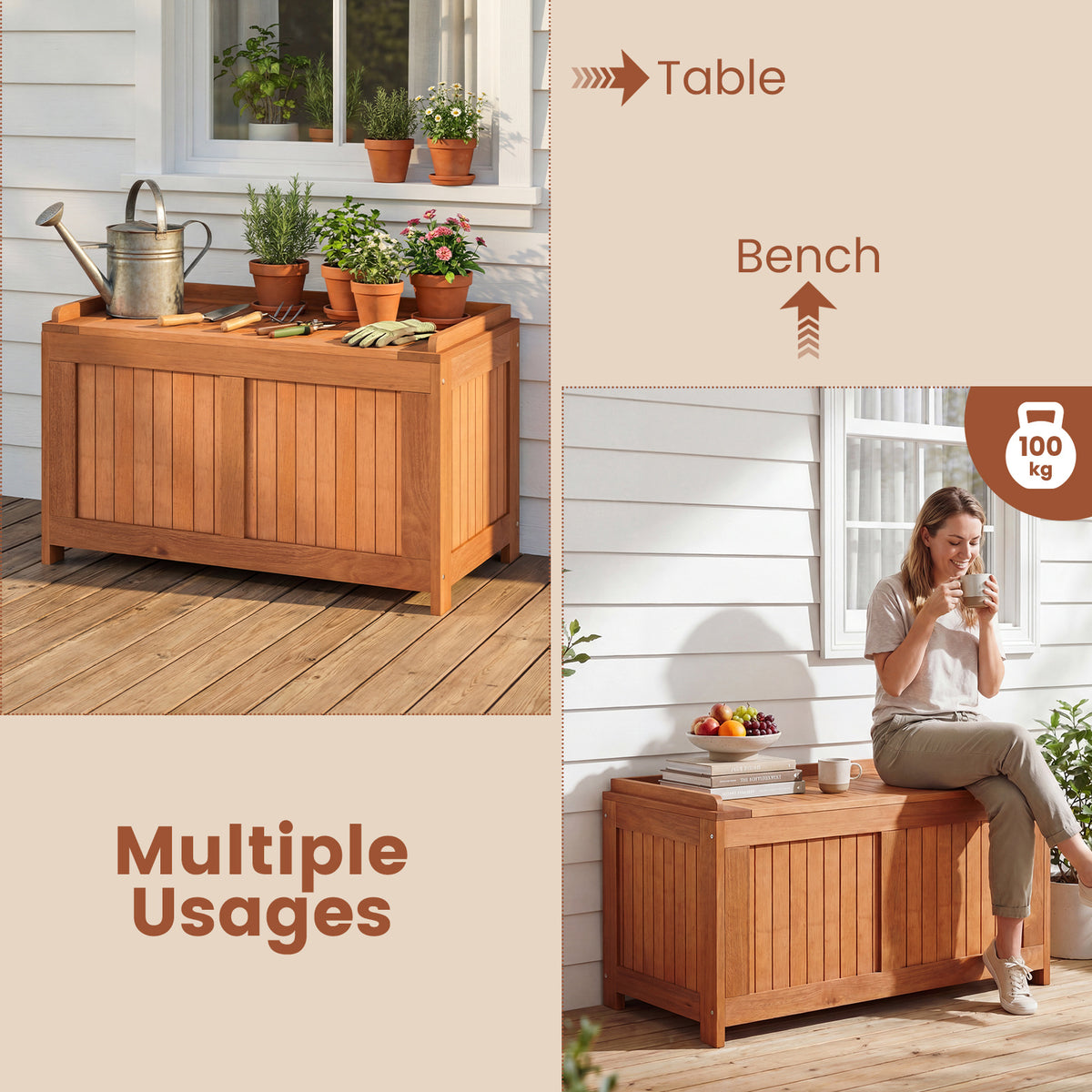 3-in-1 Patio Storage Bench Stool with Flip Top for Cushions