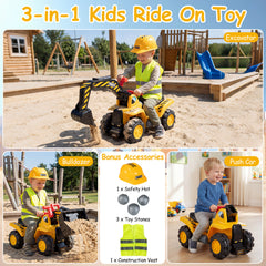 3-in-1 Ride on Excavator Bulldozer with Engine Sound and Under Seat Storage
