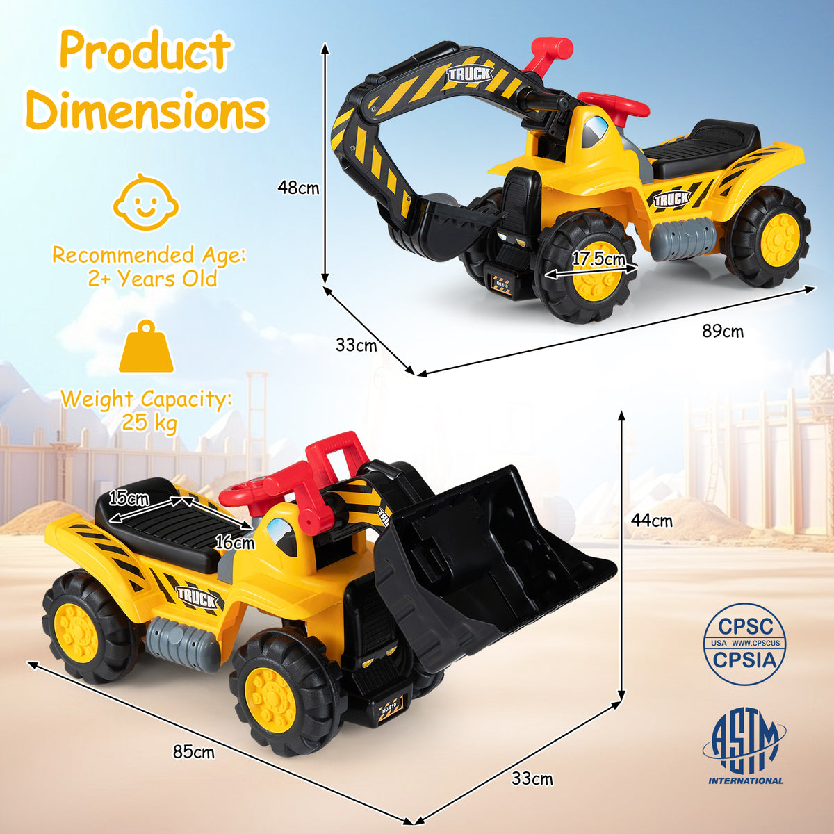 3-in-1 Ride on Excavator Bulldozer with Engine Sound and Under Seat Storage