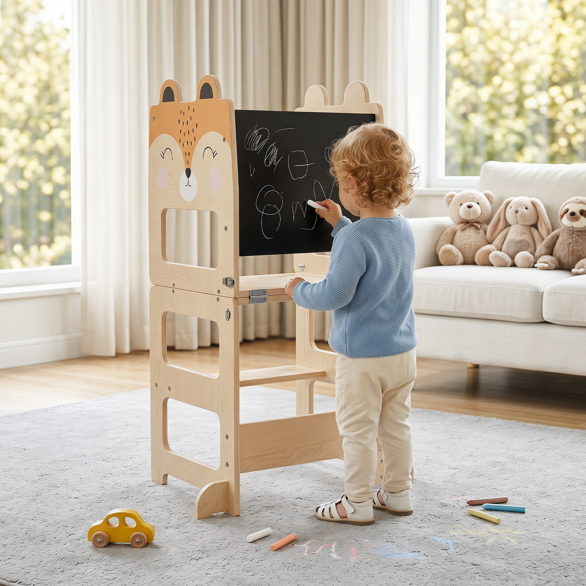 3-in-1 Toddler Kitchen Step Stool Foldable Standing Tower with Blackboard-Fox