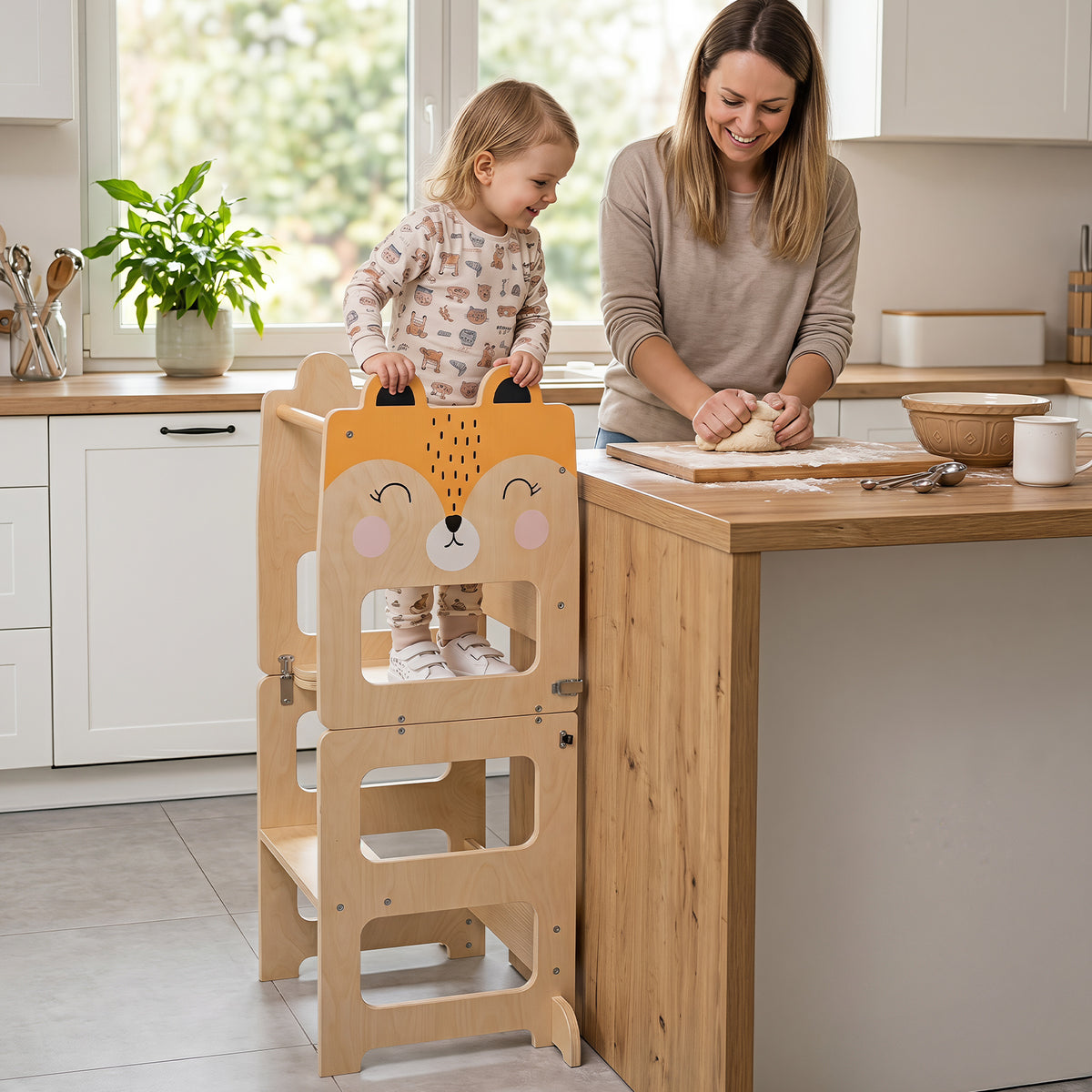 3-in-1 Toddler Kitchen Step Stool Foldable Standing Tower with Blackboard-Fox