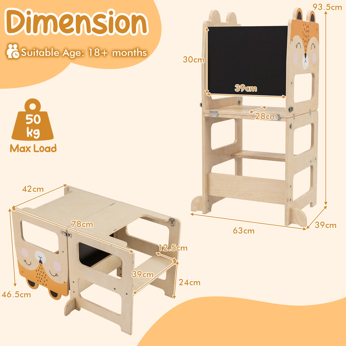3-in-1 Toddler Kitchen Step Stool Foldable Standing Tower with Blackboard-Fox