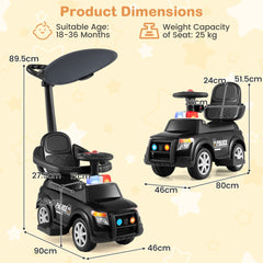 3-in-1 Toddler Push Car with Handle Canopy and Siren Flashing Light for 18-36 Month Kids-Black