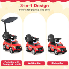 3-in-1 Toddler Push Car with Handle Canopy and Siren Flashing Light for 18-36 Month Kids-Red