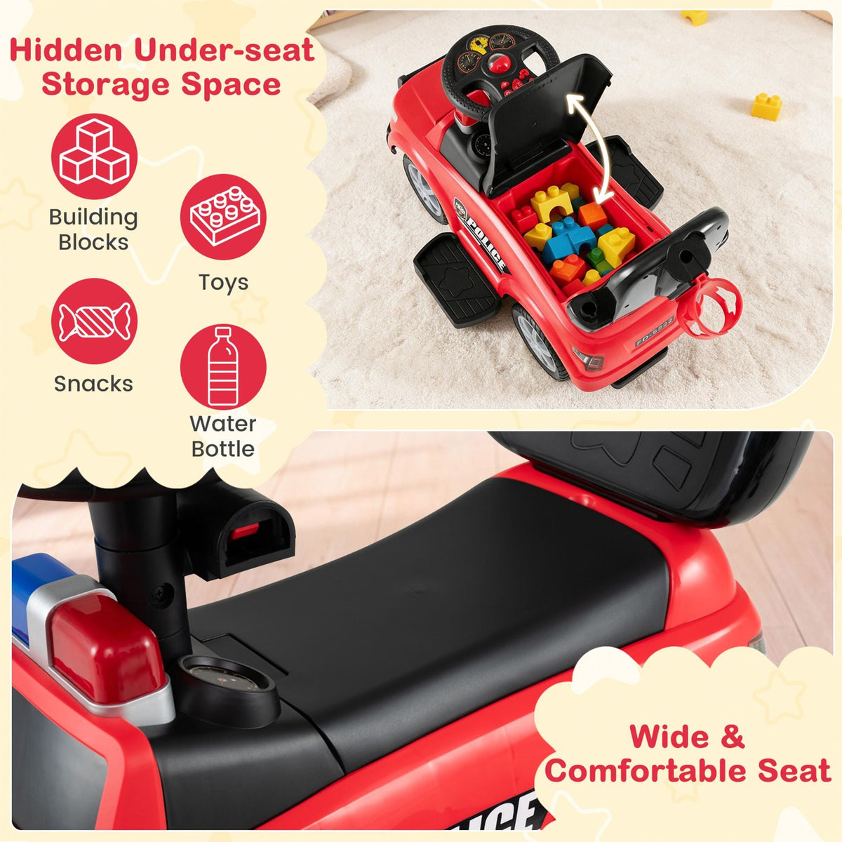 3-in-1 Toddler Push Car with Handle Canopy and Siren Flashing Light for 18-36 Month Kids-Red