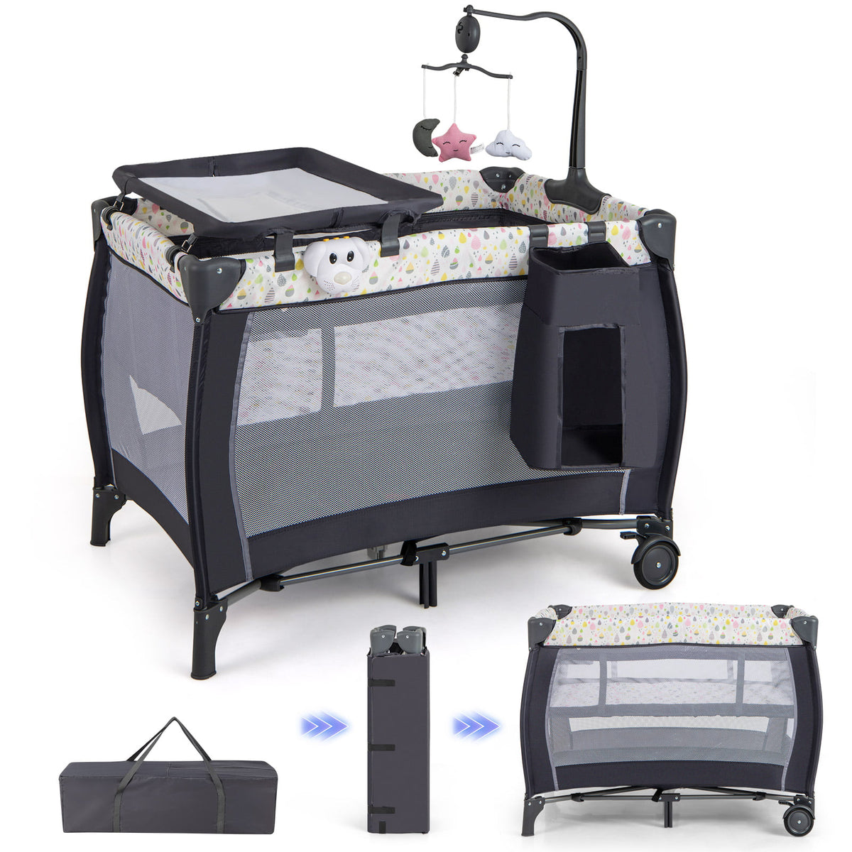3 in 1 Baby Activity Center Foldable Pack shown with its carry bag and folded frame