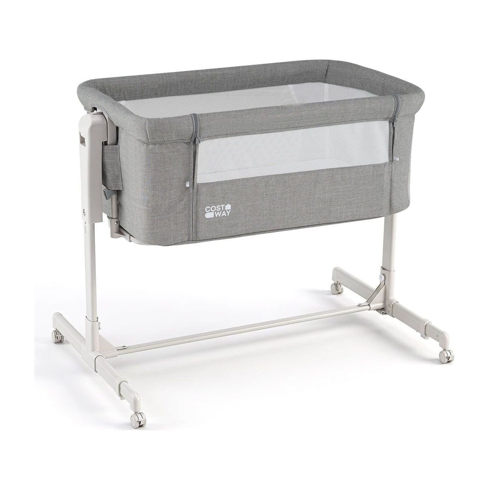 3-in-1 Baby Crib in grey fabric with white frame and castors