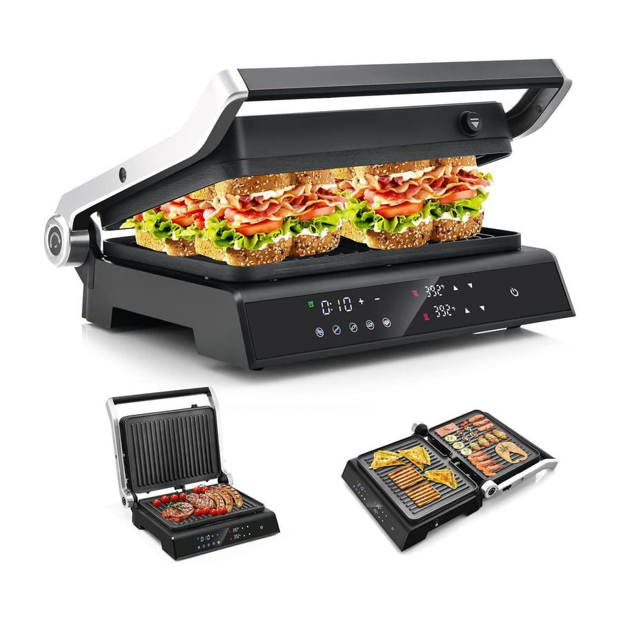 3 in 1 Indoor Grill with 180-degree opening design and 5 auto cooking modes, showing sandwiches being grilled