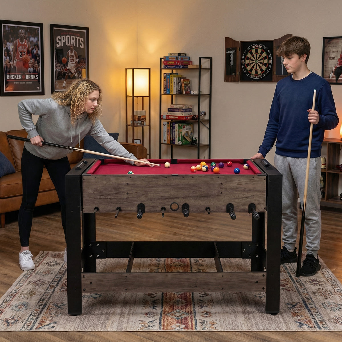 3-in-1 124CM Swivel Game Table with Foosball Pool Billiards Table Tennis-Brown