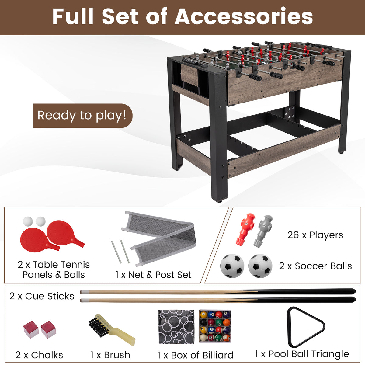 3-in-1 124CM Swivel Game Table with Foosball Pool Billiards Table Tennis-Brown