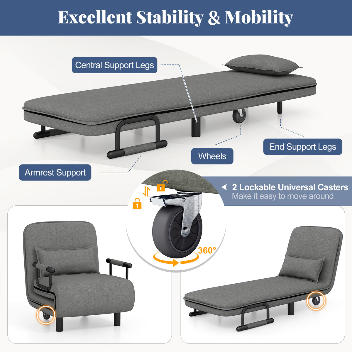 3-in-1 Convertible Sofa Bed with 5-Position Adjustable Backrest-Grey