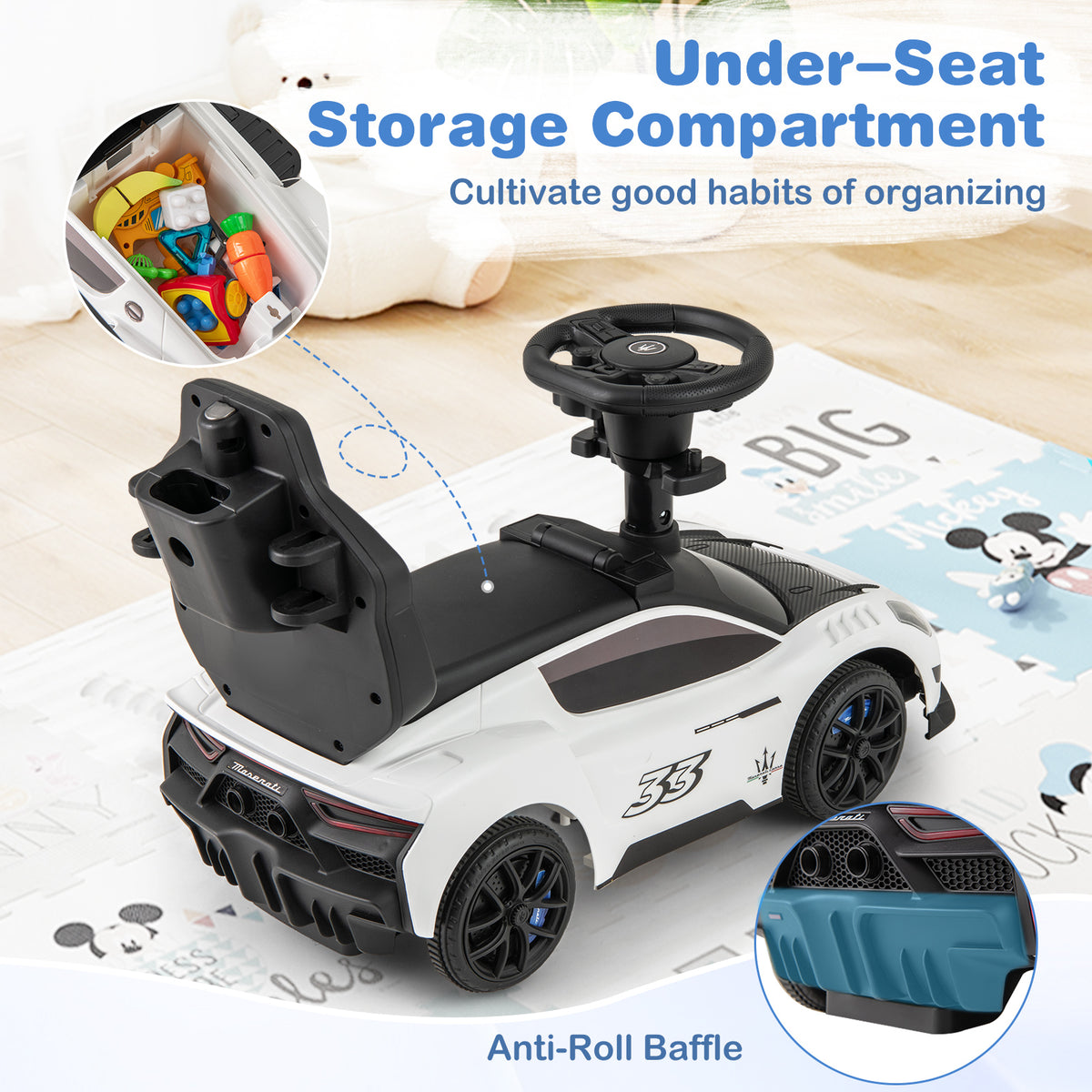 3-in-1 Ride on Push Car with 2 Universal Wheels, Music Steering, Guardrail and Handlebar-White
