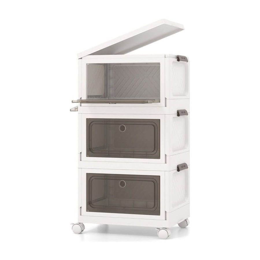 3-Pack Stackable Storage Bins with a top lid open and a front door partially lowered