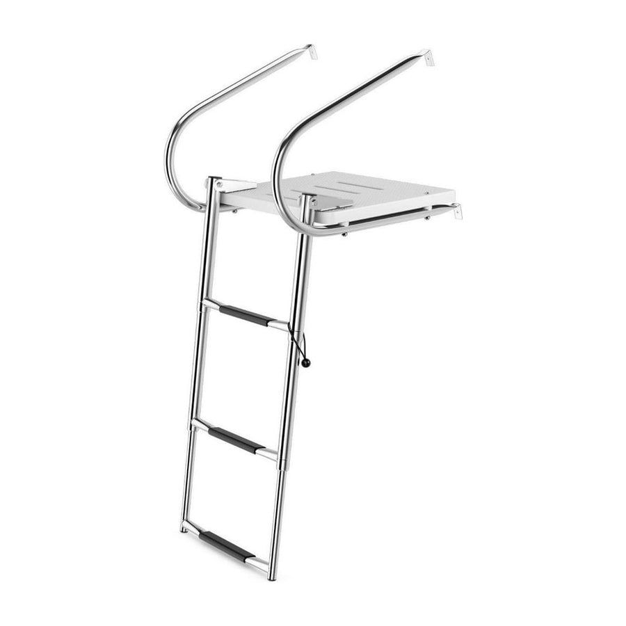 3-Step Telescoping Boat Ladder with fiberglass platform and two handrails, shown deployed