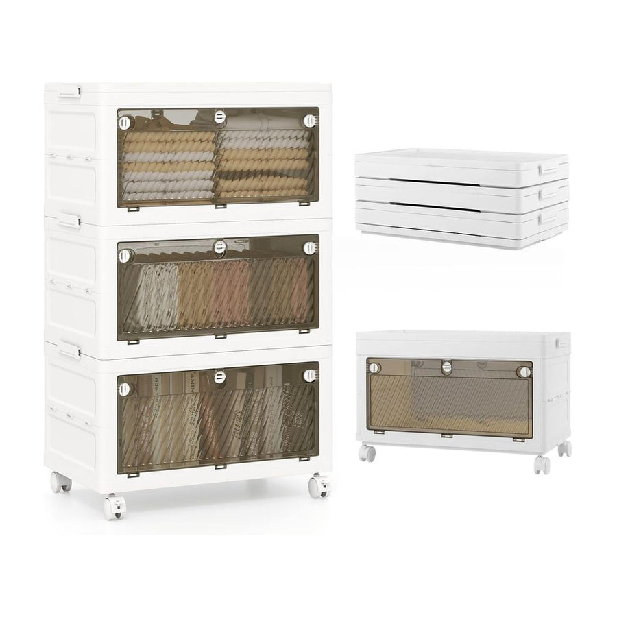 3-Tier/4-Tier Stackable Storage Bins with 3-Way-to-Open Drawers and Wheels, showing three stacked bins and one folded bin