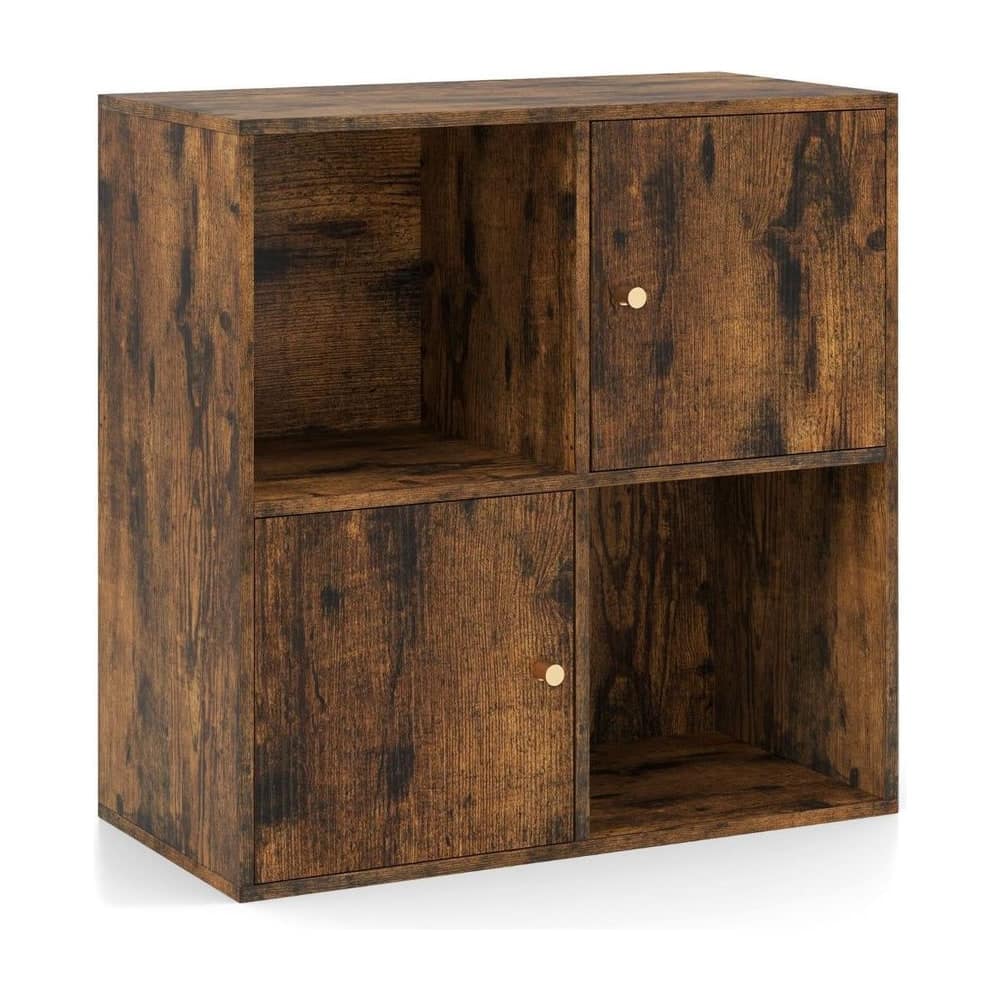 3-Tier Bookshelf with Dual Anti-Tipping Kits and 2 Cabinets in rustic brown wood effect