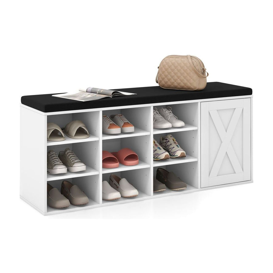 3-Tier Entryway Shoe Storage Bench with Padded Cushion in white with black cushion, showing all nine compartments and a side