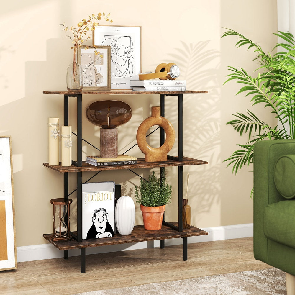 One industrial bookshelf with three open shelves, styled with books and decorative items in a living room
