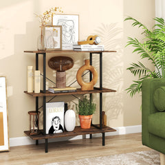 One industrial bookshelf with three open shelves, styled with books and decorative items in a living room