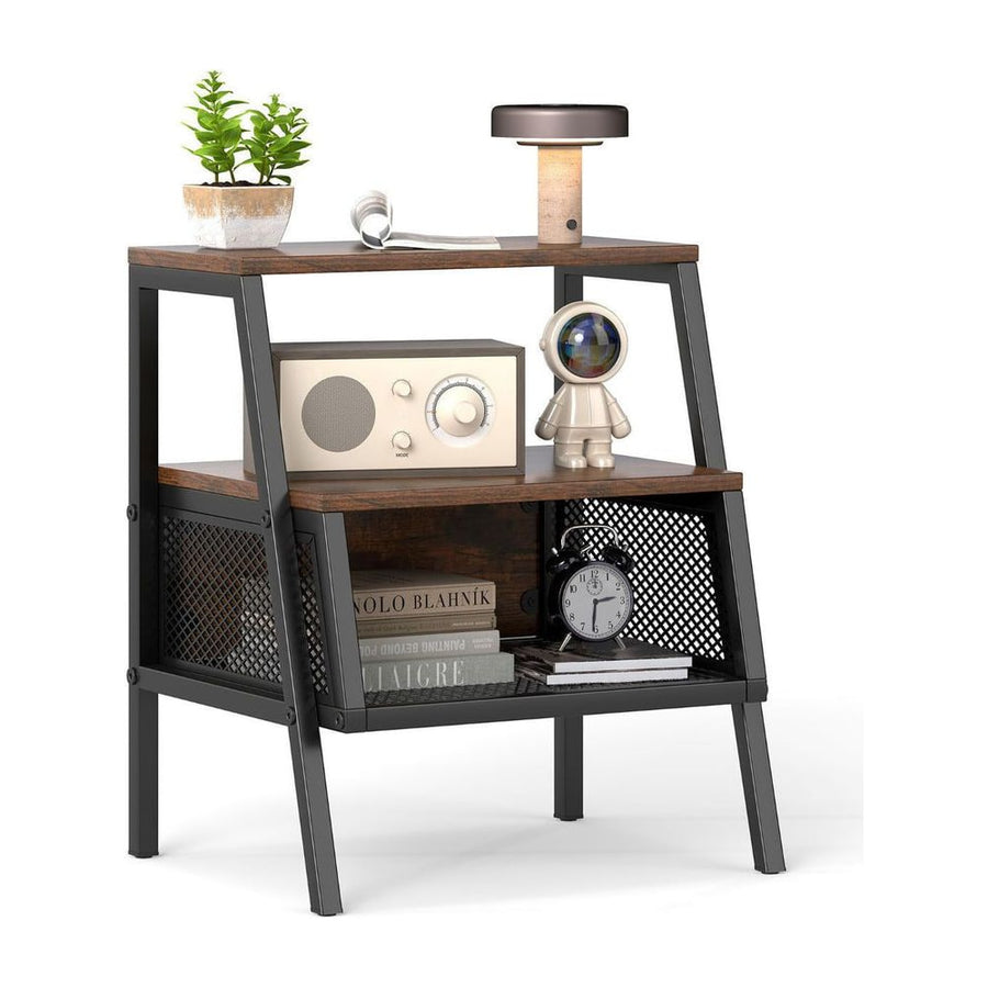 3-Tier Industrial Nightstand with 2 Open Shelves and Metal Mesh Compartment-Rustic Brown
