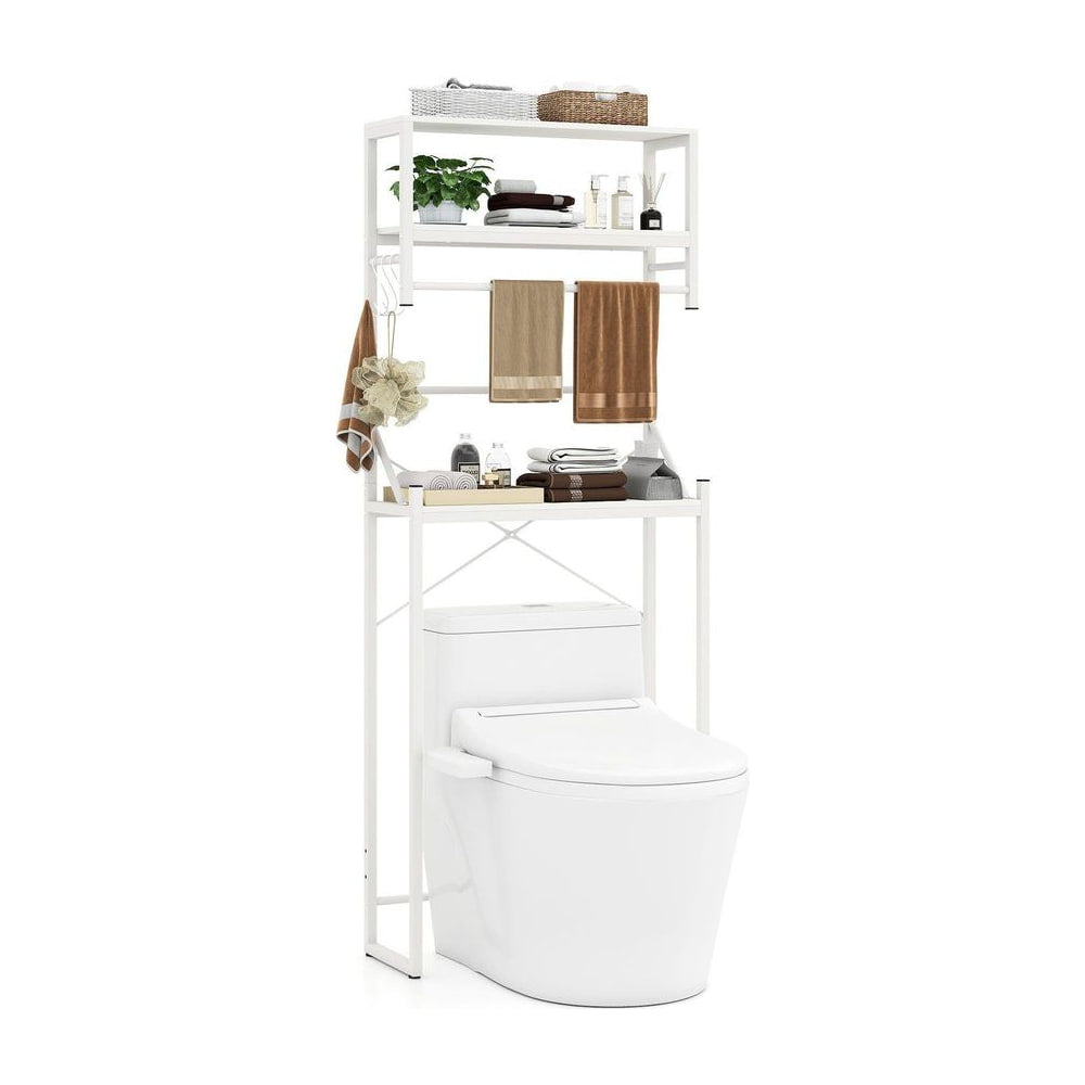 3-Tier Over Toilet Bathroom Organizer with white frame and shelves holding towels and toiletries