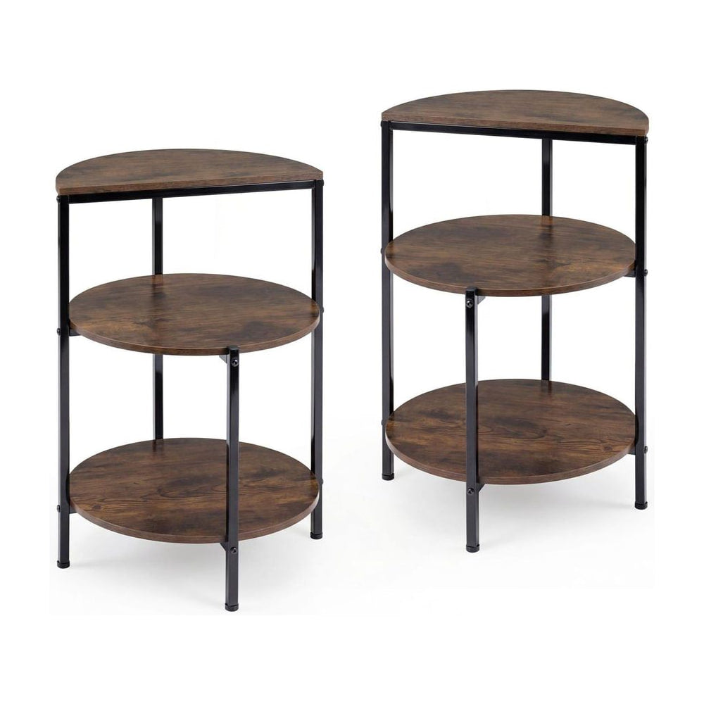 3-Tier Round Side Table Set of 2 with storage shelves and metal frame in rustic brown