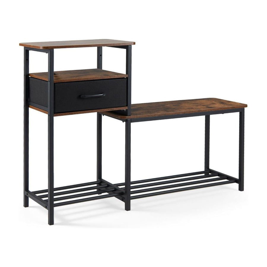 3-Tier Shoe Rack Bench with a drawer and two shelves on the left and a bench with two shelves on the right