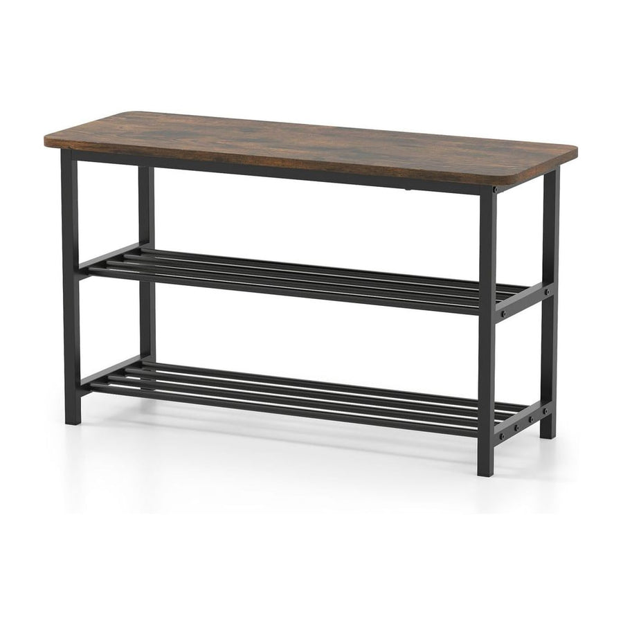 3-Tier Shoe Storage Bench with a rustic brown wooden top and black metal frame, showing the front view