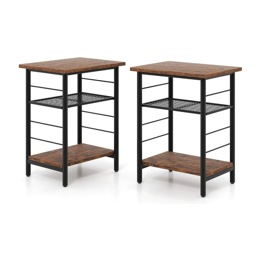 3-Tier Side Table with Height Adjustable Metal Mesh Shelf-Rustic Brown