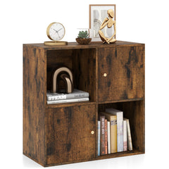 Rustic brown wood effect cube storage unit with books and decorative items on top