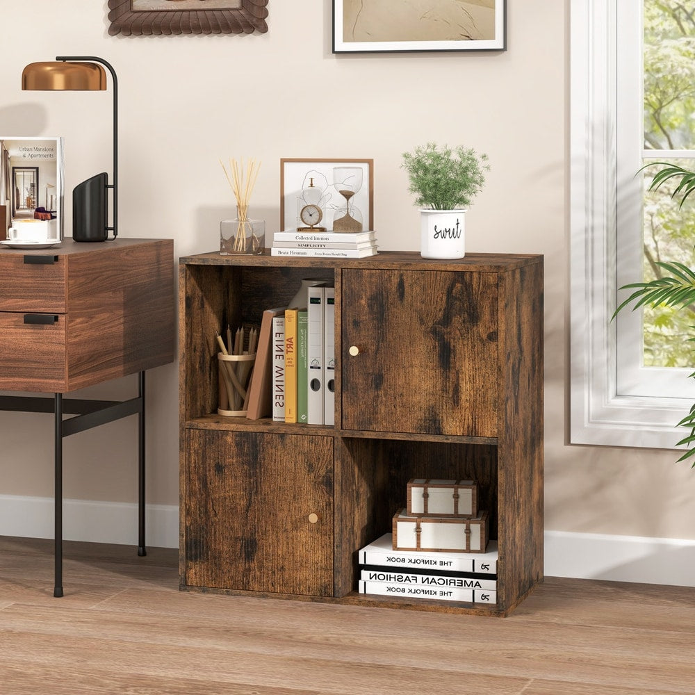 Rustic brown wood effect cube storage unit in a home office setting