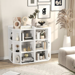 Two white corner cabinets placed side by side against a wall with various home decor objects