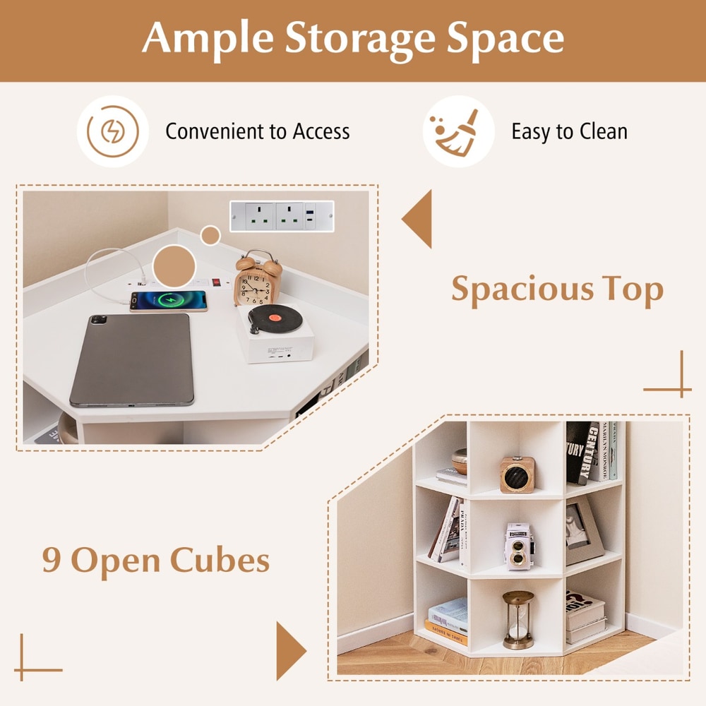 The white corner cabinet showing details of the charging port and the nine storage compartments
