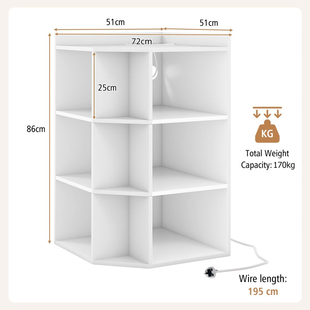 The white corner cabinet with technical lines and arrows indicating its overall dimensions