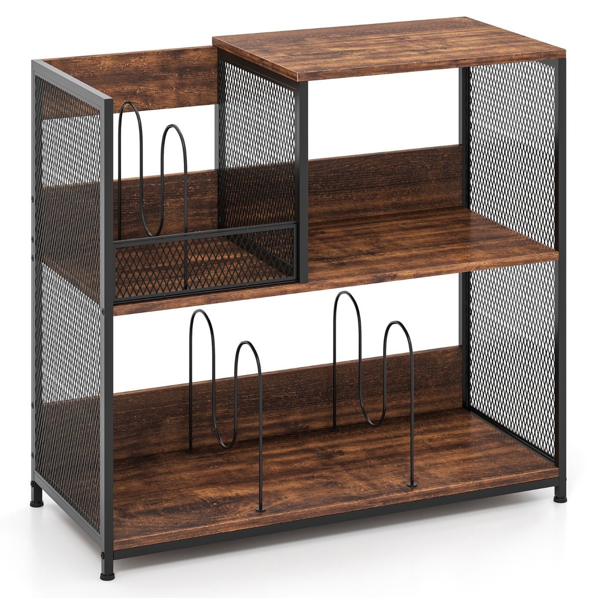 3-Tier Record Player Stand with Vinyl Storage and 3 Removable Dividers-Brown