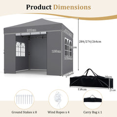3 x 3 m Pop Up Canopy with 4 Sidewalls and Adjustable Height-Grey