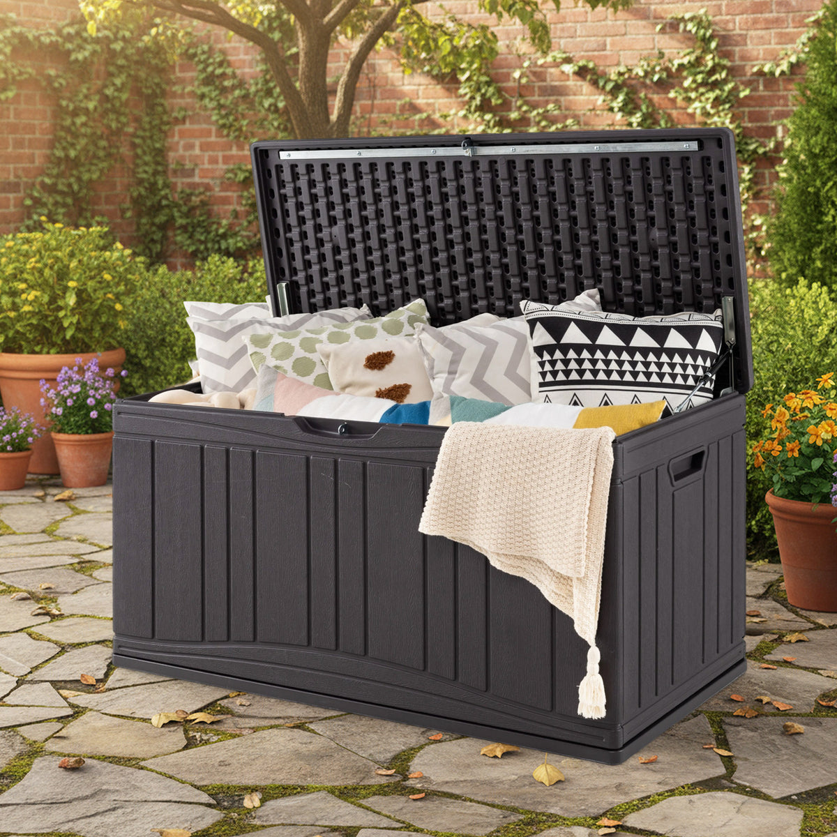 300 L Patio HDPE Storage Container with Gas Struts and Lockable Lid-Brown