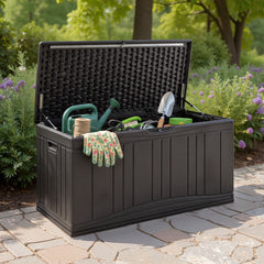 300 L Patio HDPE Storage Container with Gas Struts and Lockable Lid-Brown