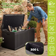 300 L Patio HDPE Storage Container with Gas Struts and Lockable Lid-Brown