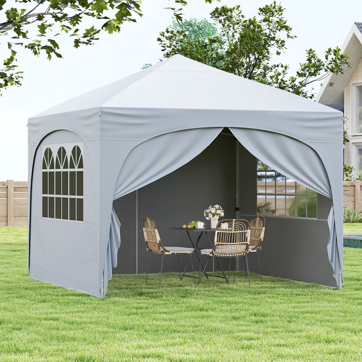 300 x 300 cm Pop up Canopy Tent with 4 Removable Sidewall and Wheeled Bag-White