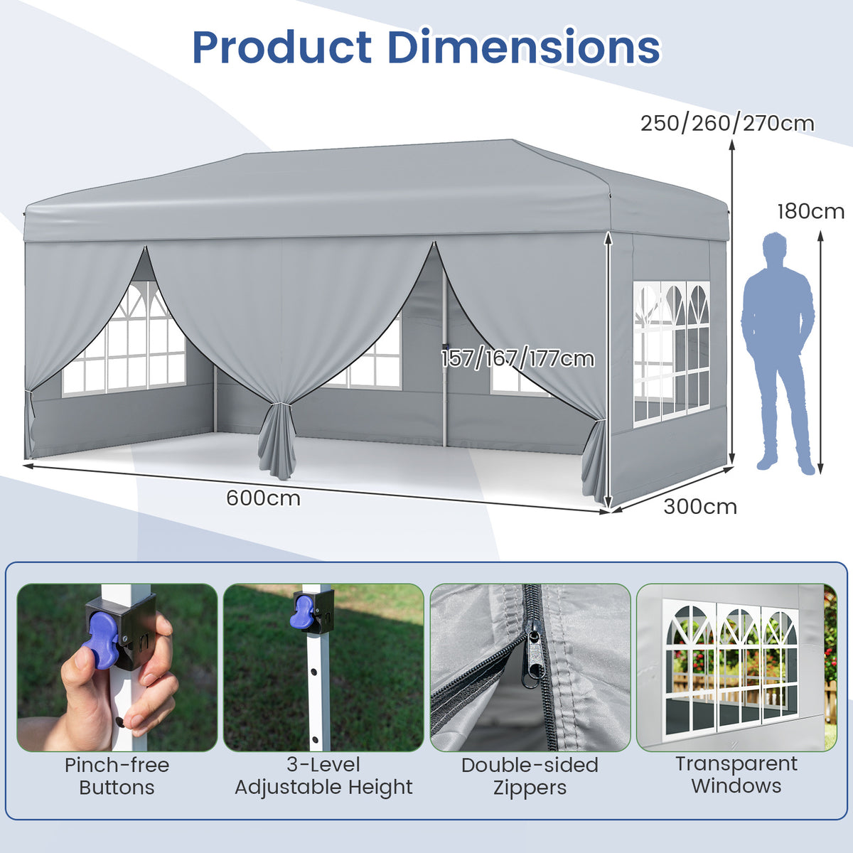 300 x 600 cm Pop up Canopy Tent with 6 Sidewalls and Wheeled Bag-Grey