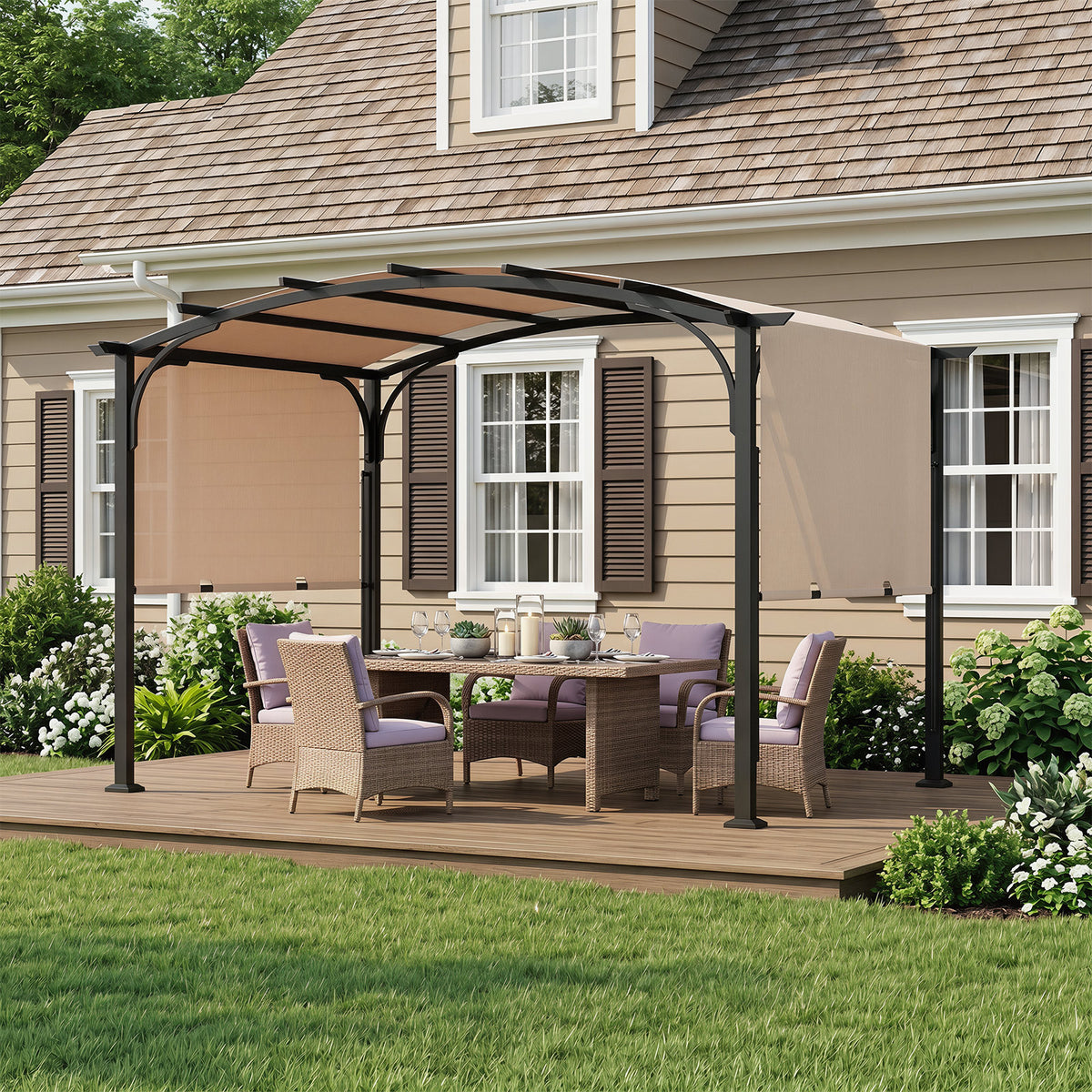 305 x 242 cm Outdoor Retractable Pergola with Metal Frame and Polyester Fabric-Beige