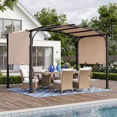 305 x 242 cm Outdoor Retractable Pergola with Metal Frame and Polyester Fabric-Beige