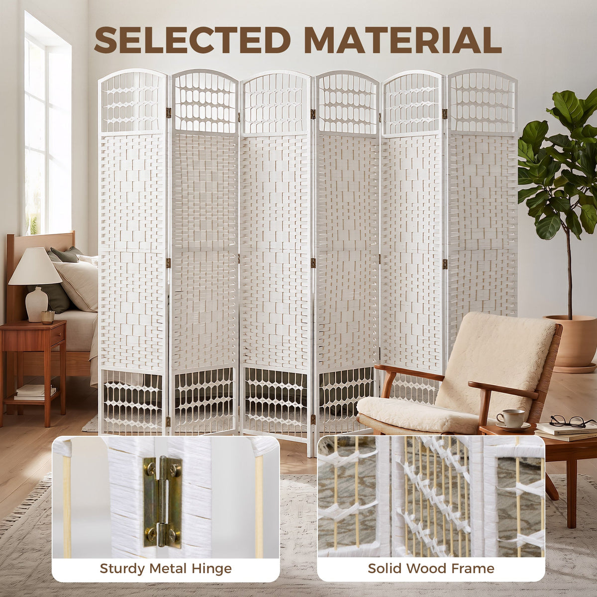 HOMCOM 6 Panel Folding Room Divider, Privacy Screen, Paravent Partition Separator for Living Room, Bedroom, White