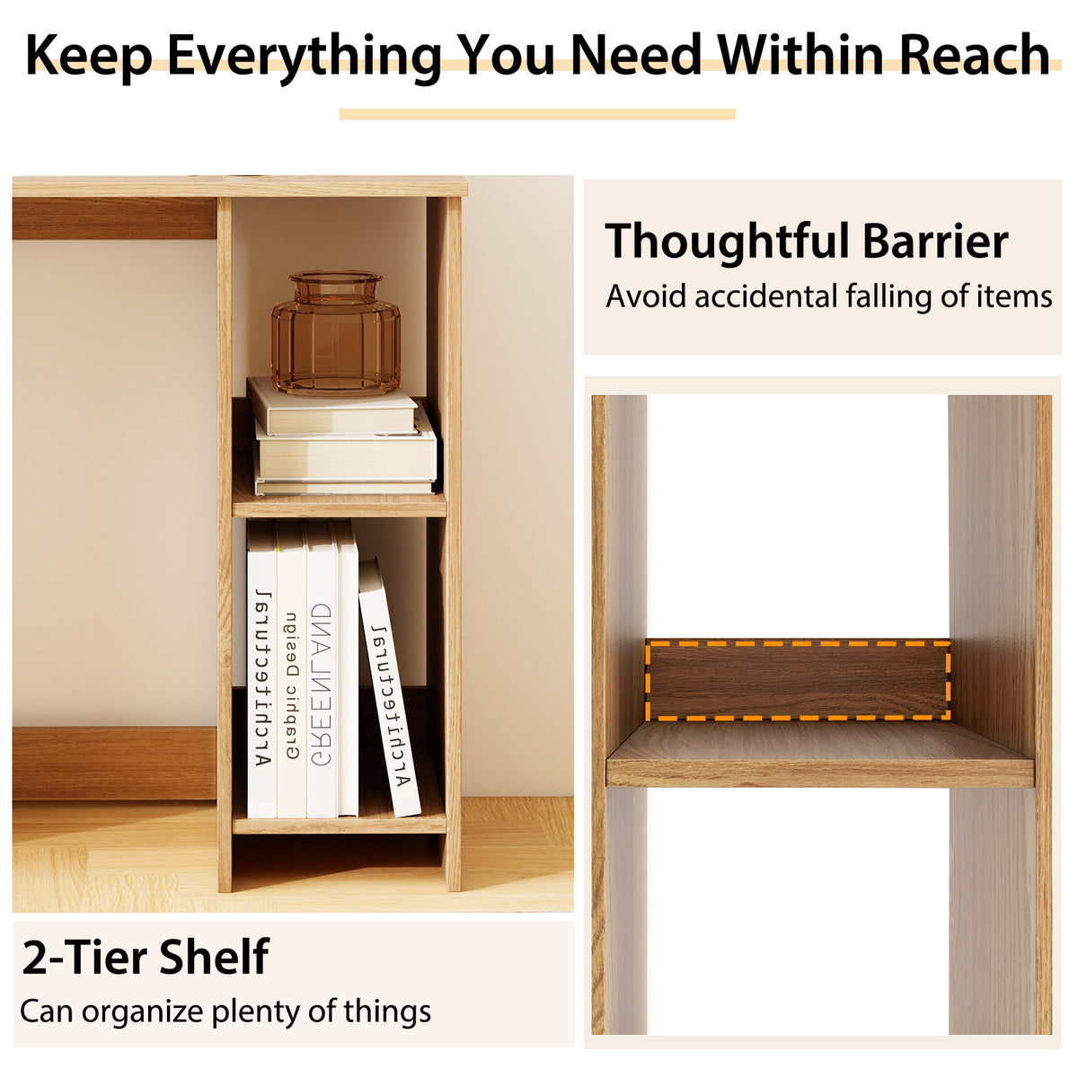 The office desk highlighting the storage shelves and safety barriers