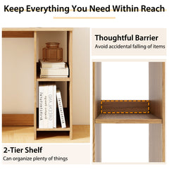 The office desk highlighting the storage shelves and safety barriers